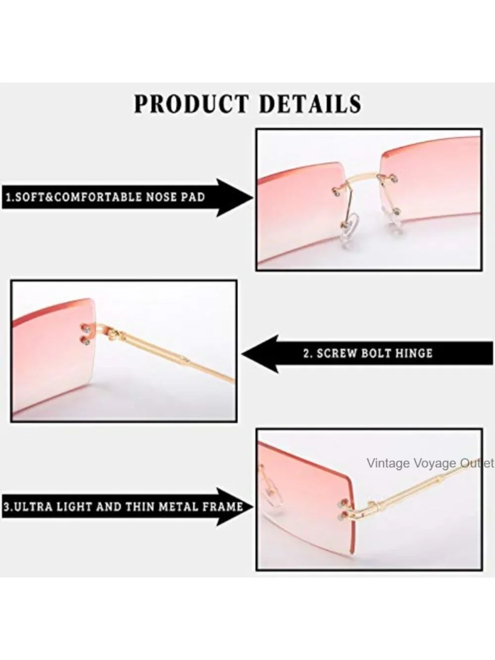 Rimless Rectangular Sunglasses UV400 Polarized Metal Frame Unisex
